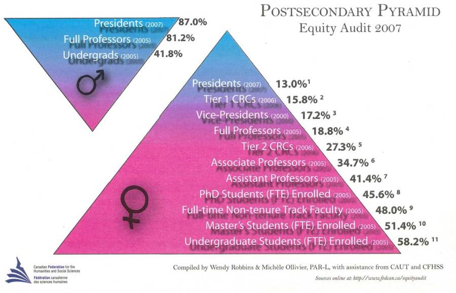 This pyramid gives statistics (from 2000-2007) explaining percentages of women and men enrolled as undergraduate through to presidents. This is a good visual of differences between males and females in managerial roles.